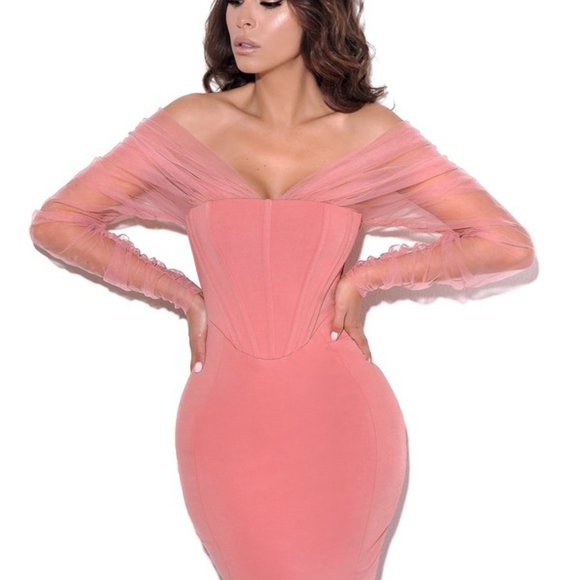 Zofia Pink Off Shoulder Mesh Sleeve Corset Dress - Picture 6 of 6